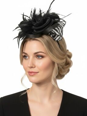 Women’s Black Fascinator Hat Black & Zebra Print Dress Hat Feathers NEW